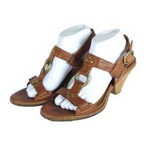 Frye Women's Mandy US9,5 Brown Leather Wood Heel T Strap Strappy Sandals